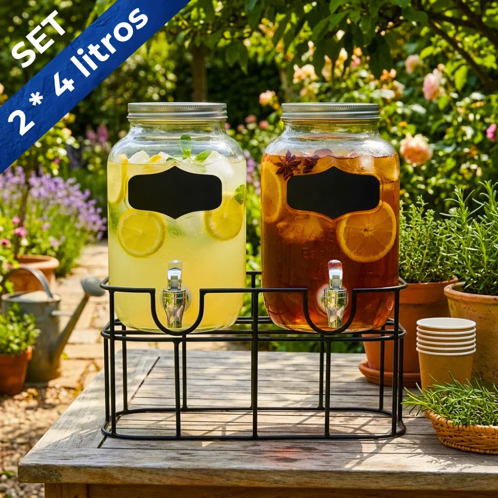 Home 53 Set de 2 Dispensadores de bebidas en vidrio 4 litros con base metálica ambientados capacidad