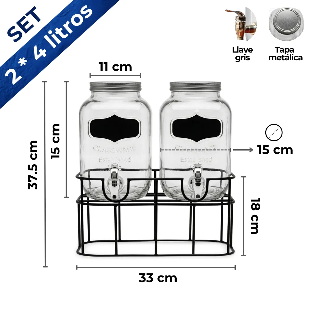 Home 56 Set 2 Dispensadores de bebidas en vidrio con base metalica capacidad y medidas