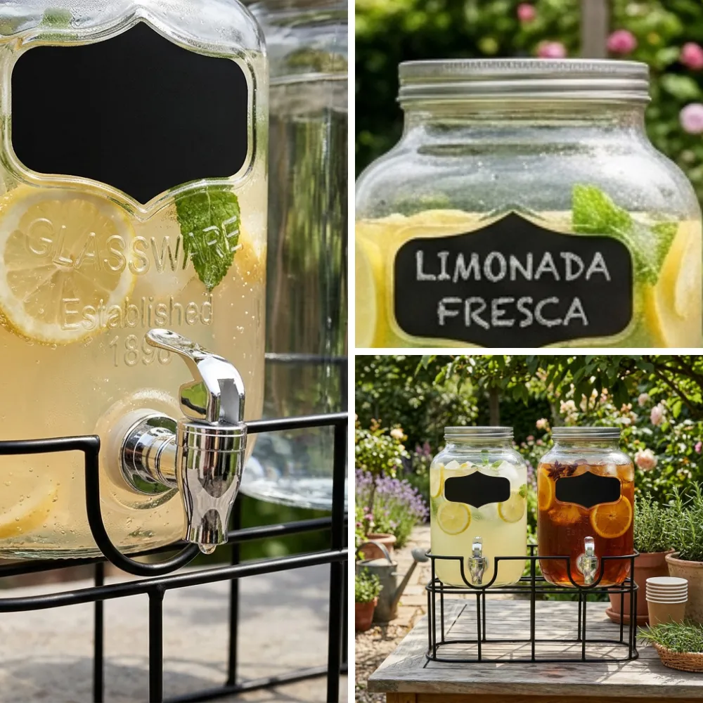 Home 54 Set 2 Dispensadores de bebidas en vidrio con base metalica enfoque