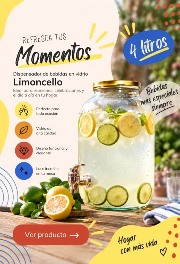 Dispensador de bebidas en vidrio Limoncello de 4 litros. Ideal para reuniones y celebraciones en el hogar. El Frasquerío.