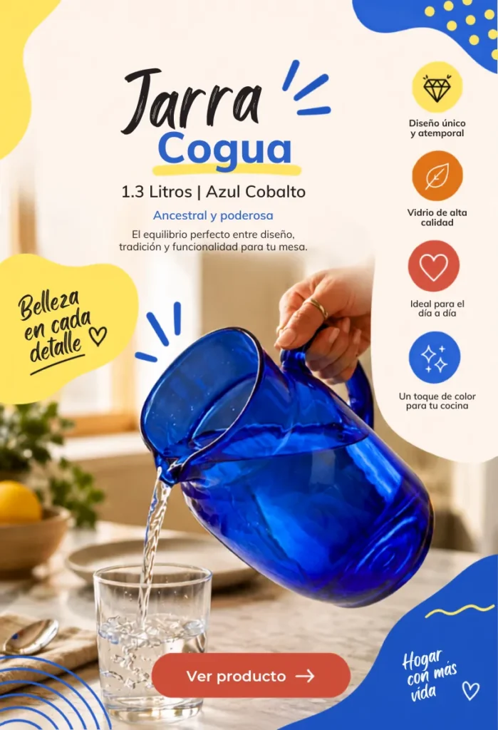 Jarra de vidrio Cogua azul cobalto de 1.3 litros sirviendo agua. Diseño ancestral y funcionalidad para la mesa diaria. El Frasquerío.