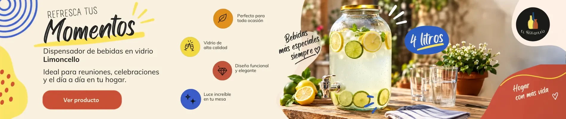 Dispensador de bebidas en vidrio Limoncello de 4 litros. Ideal para reuniones y celebraciones en el hogar. El Frasquerío.